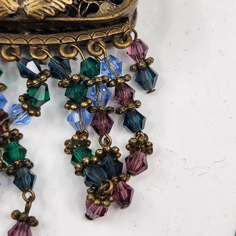 Sweet Romance USA Floral Purse Pendant Necklace Crystal Bead Fringe Victorian